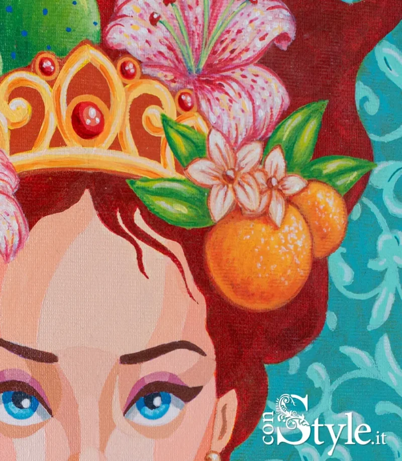 Testa di Moro Femminile dipinto acrilico su tela particolare arance zagara e corona