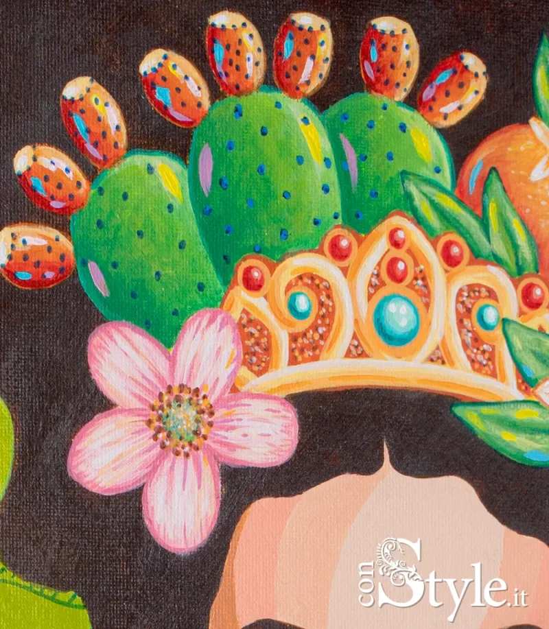 Testa di Moro Femminile dipinto acrilico su tela particolare corona e fichi d'india