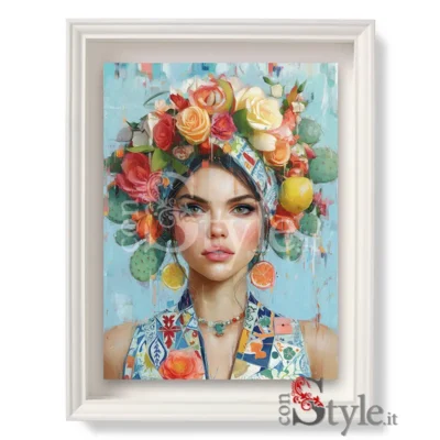 Quadro Donna Siciliana Moderna con Limoni, Arance e Fichi d’India
