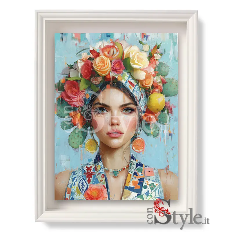 Quadro Donna Siciliana Moderna con Limoni, Arance e Fichi d’India